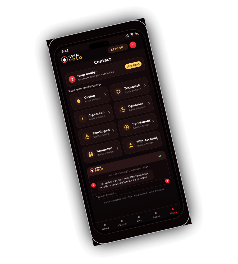 Spin Polo Casino Neem contact met ons op scherm op mobiel met Live Chat knop en topic tegels